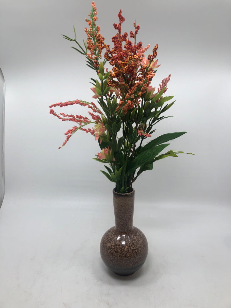 PINK FLORALS IN SM BROWN VASE.
