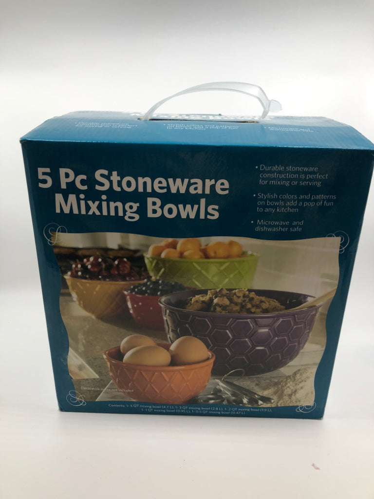 5 PC STONEWARE MIXING BOWLS.