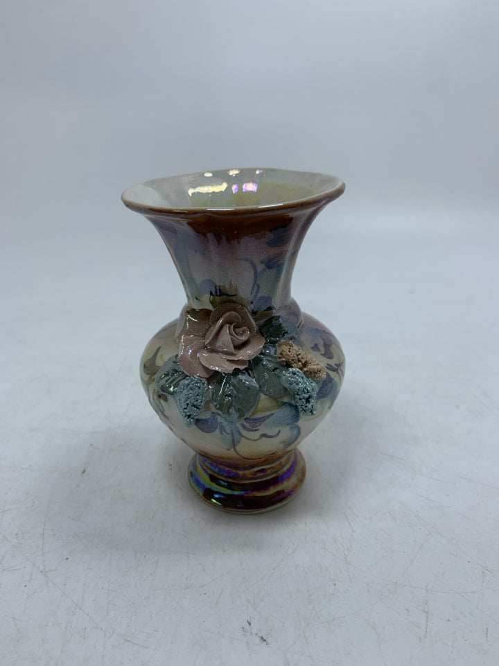 SMALL BROWN VASE W/ EMBOSSED FLOWERS.