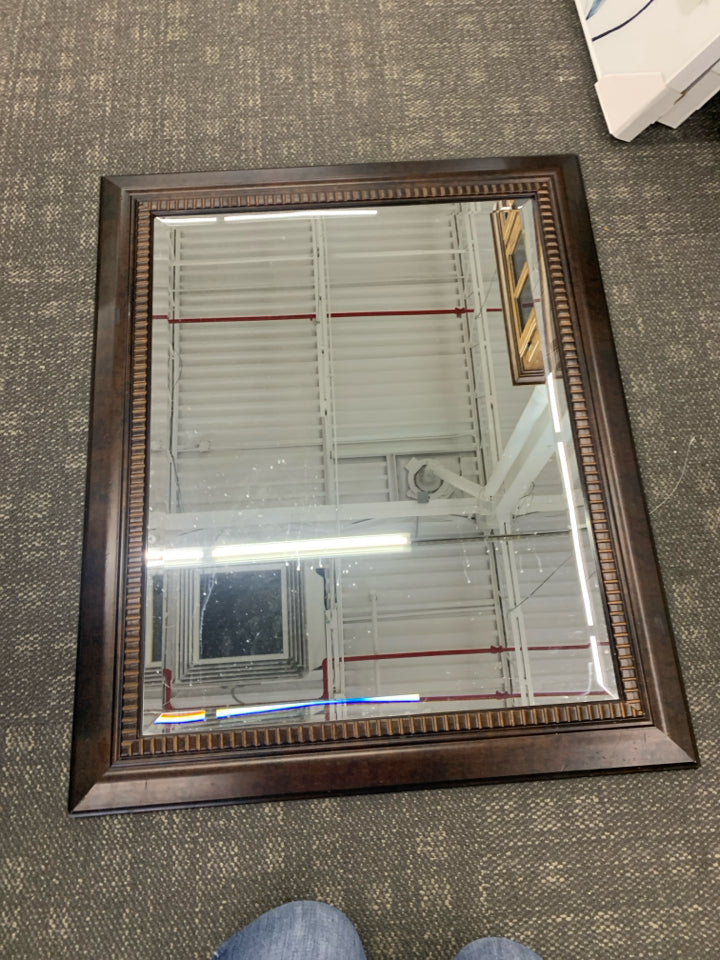 SQUARE DARK WOOD FRAMED MIRROR W RIBBED ACCENTS.