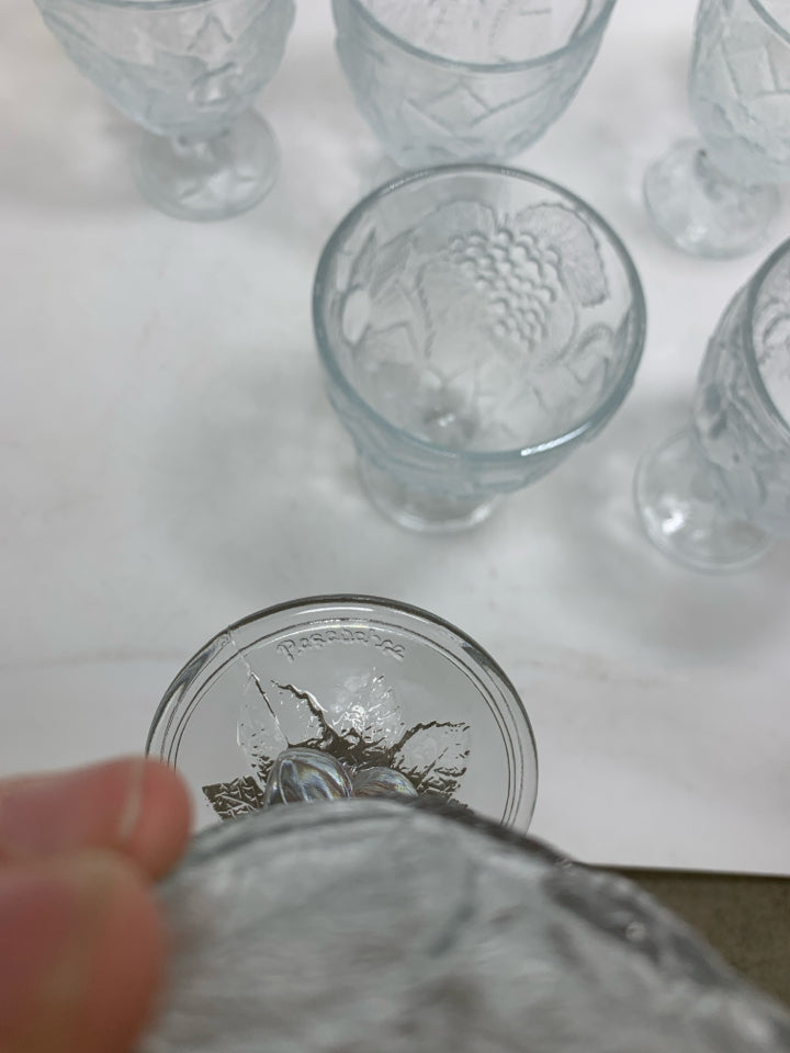 6 HEAVY FRUIT EMBOSSED PRESSED GLASS GOBLETS.
