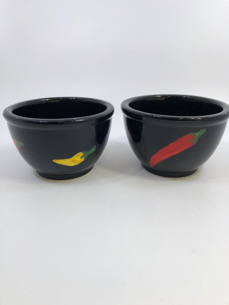 2 CHILI PEPPER/BLACK PAINTED SNACK BOWLS.