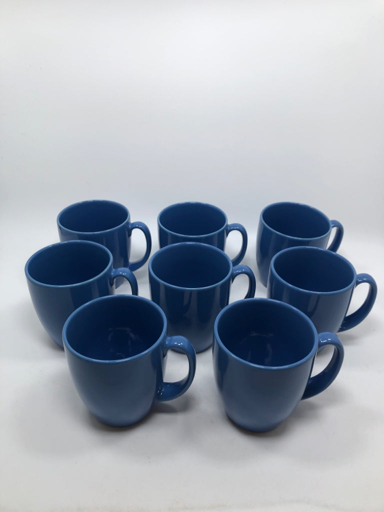 8 BLUE CORELLE MUGS.
