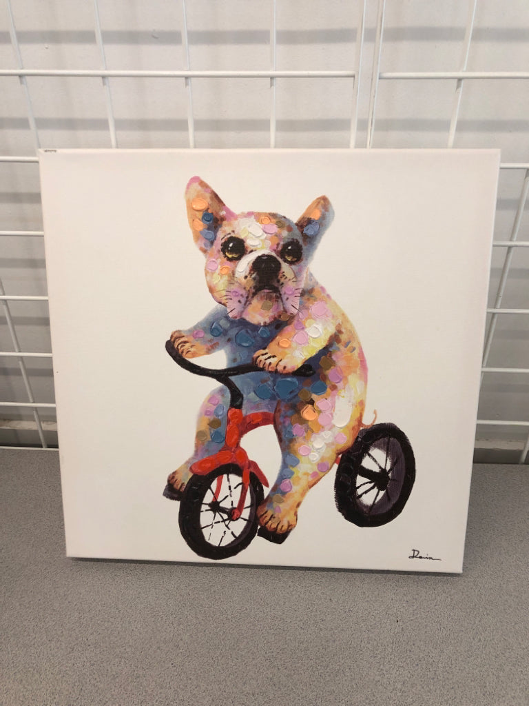 TEXTURED COLORFUL DOG WITH BICYCLE CANVAS ART.