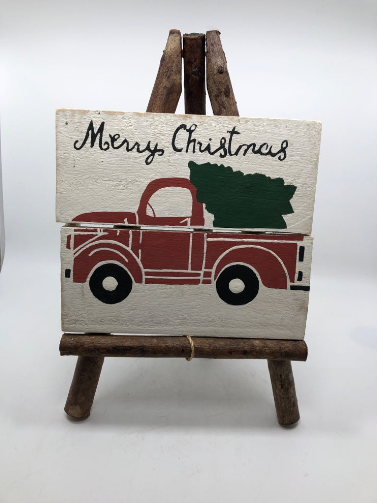 STANDING SIGN MERRY CHRISTMAS PAITNED RED TRUCK.