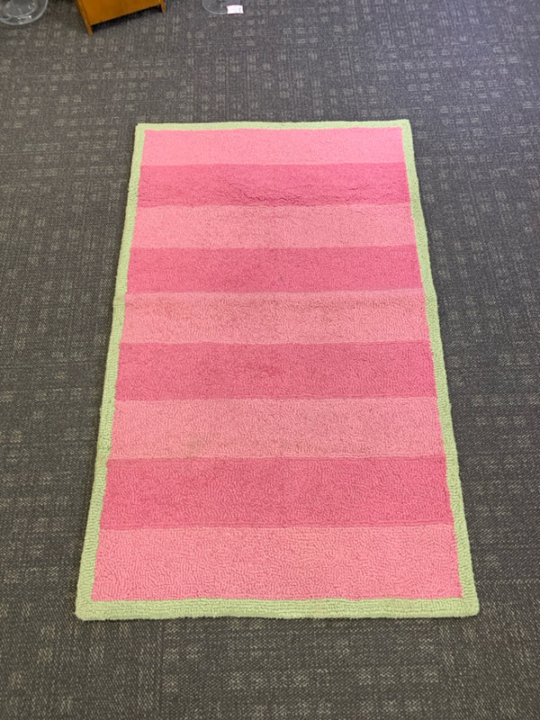 HEAVY RUGBY STRIPPED PINK WITH GREEN BOARDER AREA RUG.
