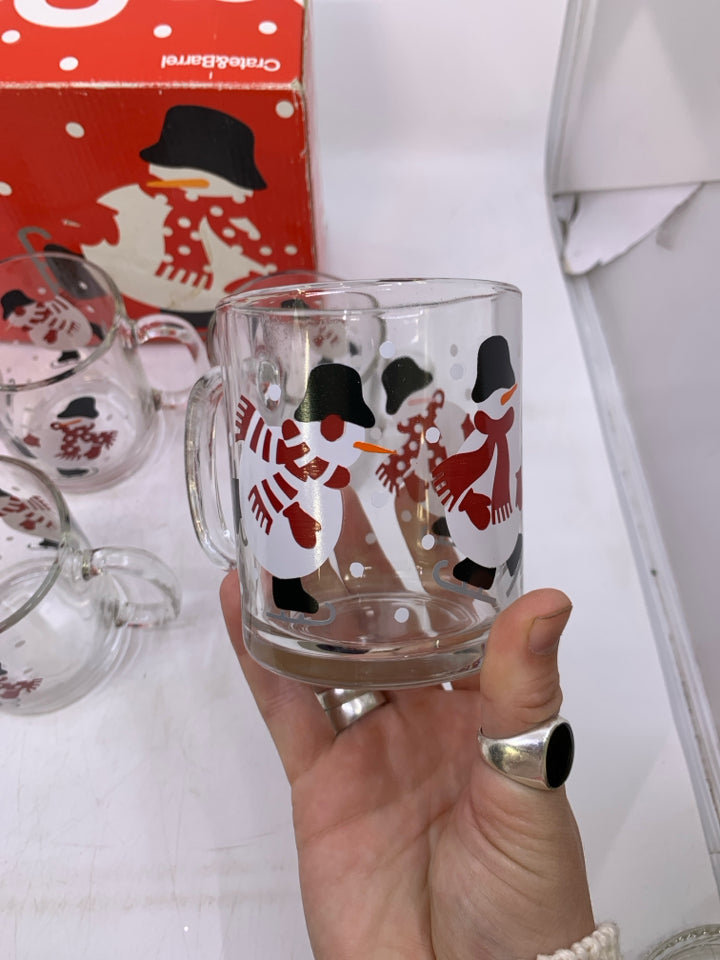 6 SNOWMAN GLASS CUPS- CRATE & BARREL.