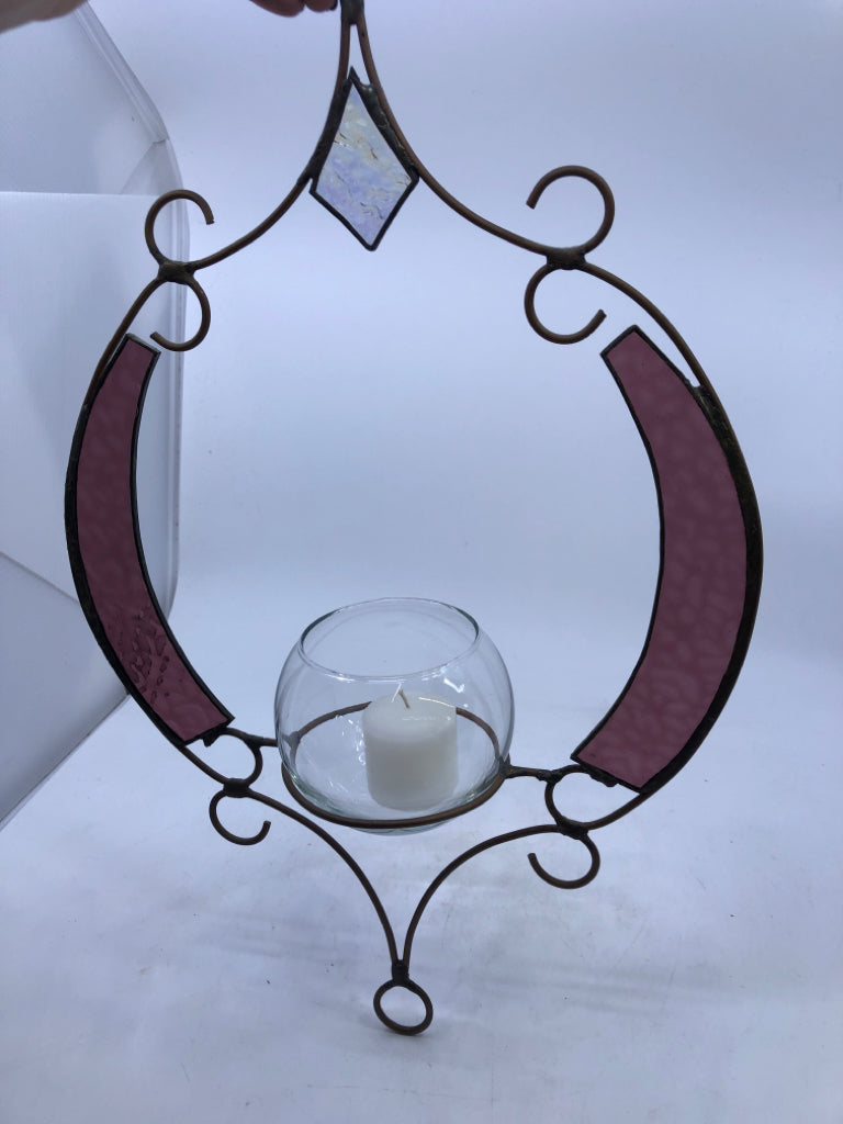 STAINED GLASS AND SCROLL CANDLE HOLDER.