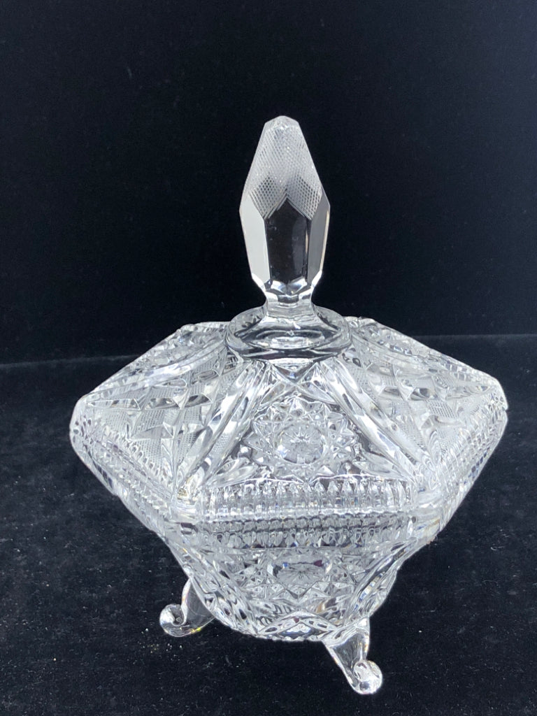 CUT GLASS FOOTED CANDY DISH W LID.