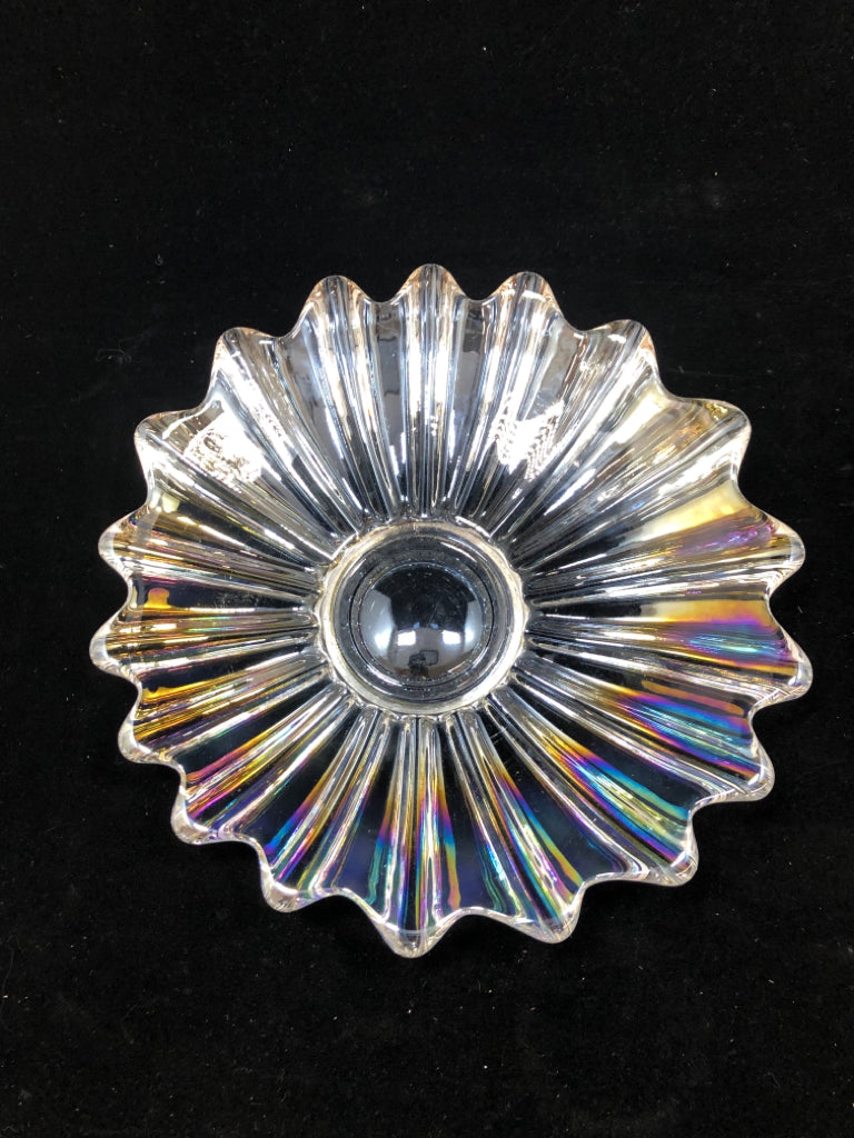 IRIDESCENT RUFFLED GLASS CANDLE PLATE.