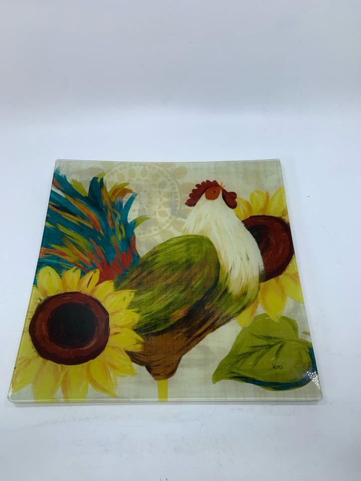 GLASS PRINTED CHICKEN W/ SUNFLOWER SQUARE.