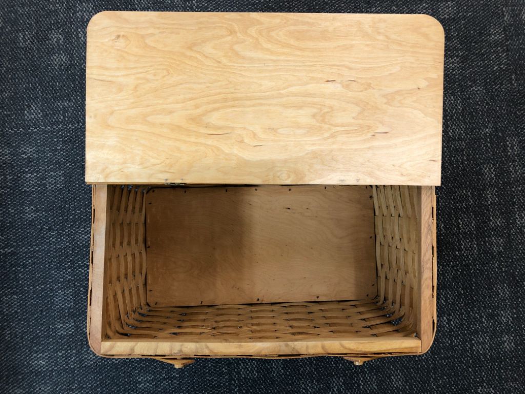 TREE PAINTED WOVEN PICNIC BASKET W/FLIP LID AND HANDLES.