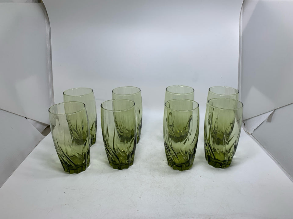 8 VTG AVOCADO GREEN SWIRL WAVE WATER GLASSES.
