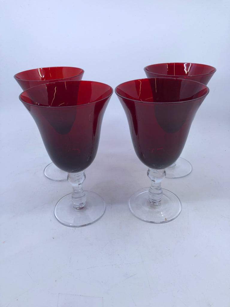 4 RED FLARED WINE GOBLETS.