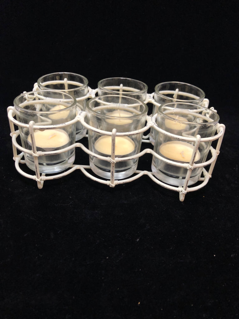 WHITE METAL VOTIVE HOLDER W/HANDLE.