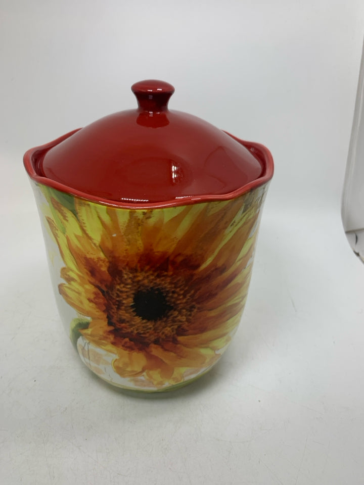 SUNFLOWERS W/ SCRIPT CERAMIC CANISTER.