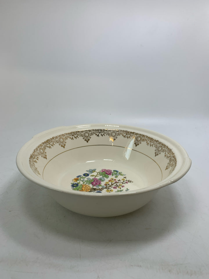 VTG SERVING BOWL W/ TREE COLORFUL FLOWERS IN CENTER GOLD DETAILED EDGE SMALL HAN