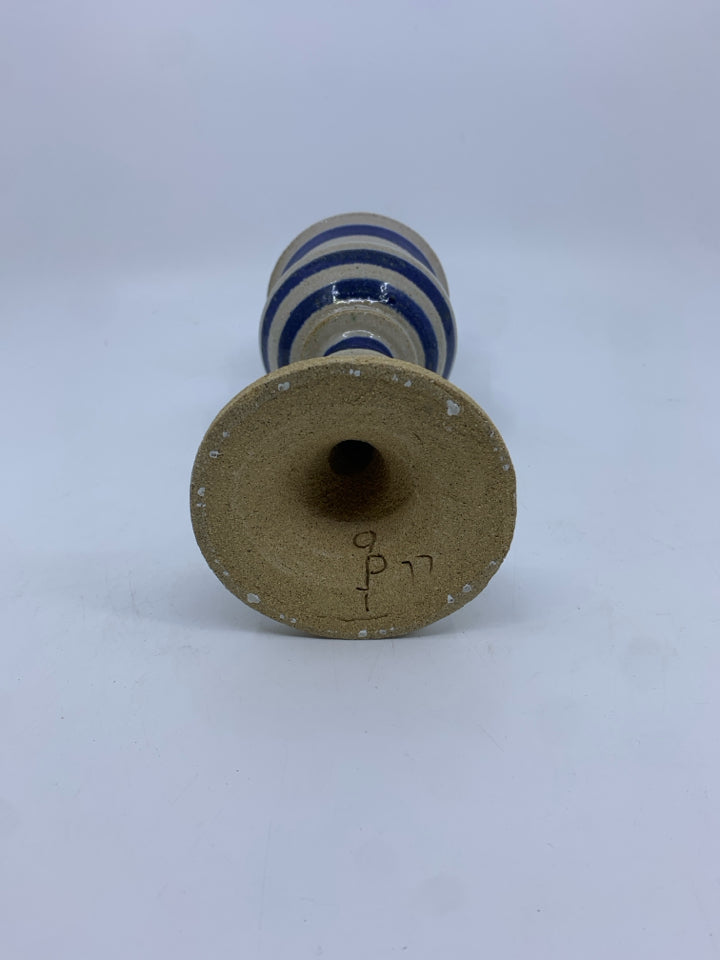 BLUE/BEIGE STRIPED POTTERY CANDLE HOLDER.