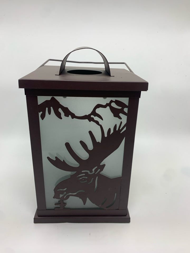 BROWN METAL MOOSE LANTERN W/FROSTED GLASS.