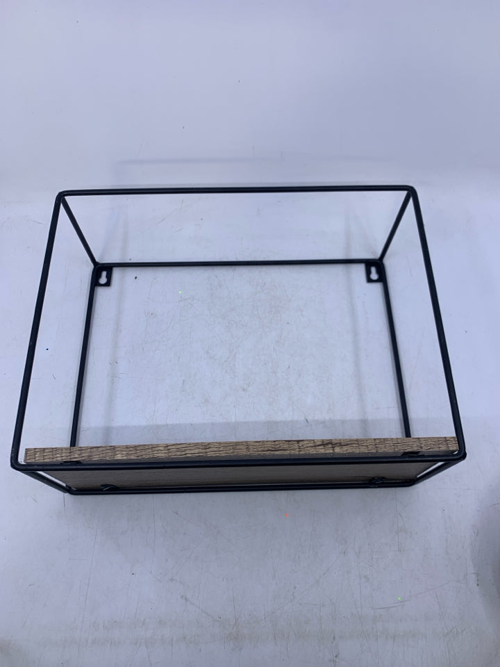 SQUARE METAL CAGE SHELF W/ WOOD BOTTOM.