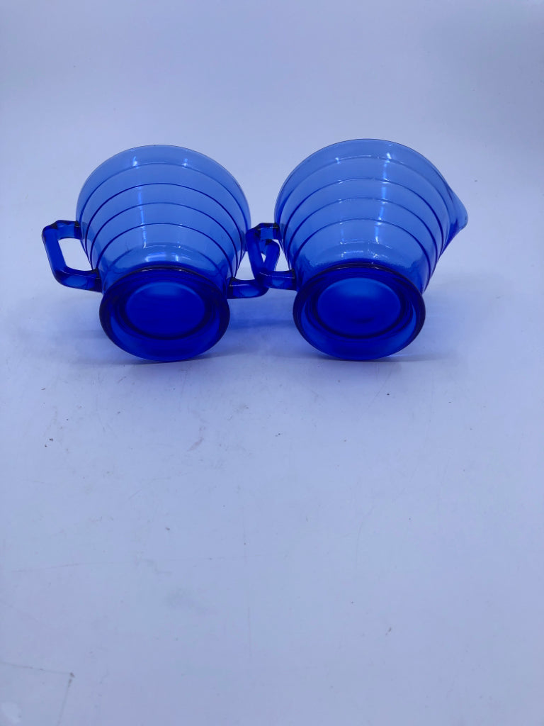 VTG COBALT BLUE DEPRESSION GLASS SUGAR BOWL & CREAMER.