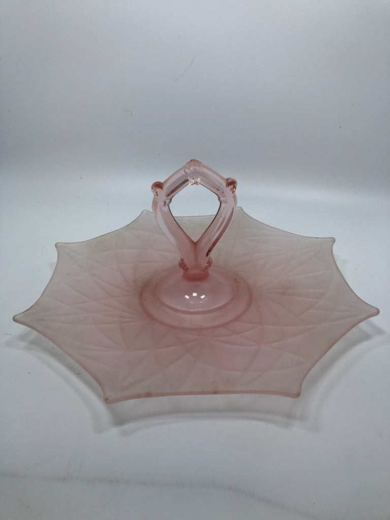 VTG FROSTED PINK GLASS UMBRELLA TRAY.