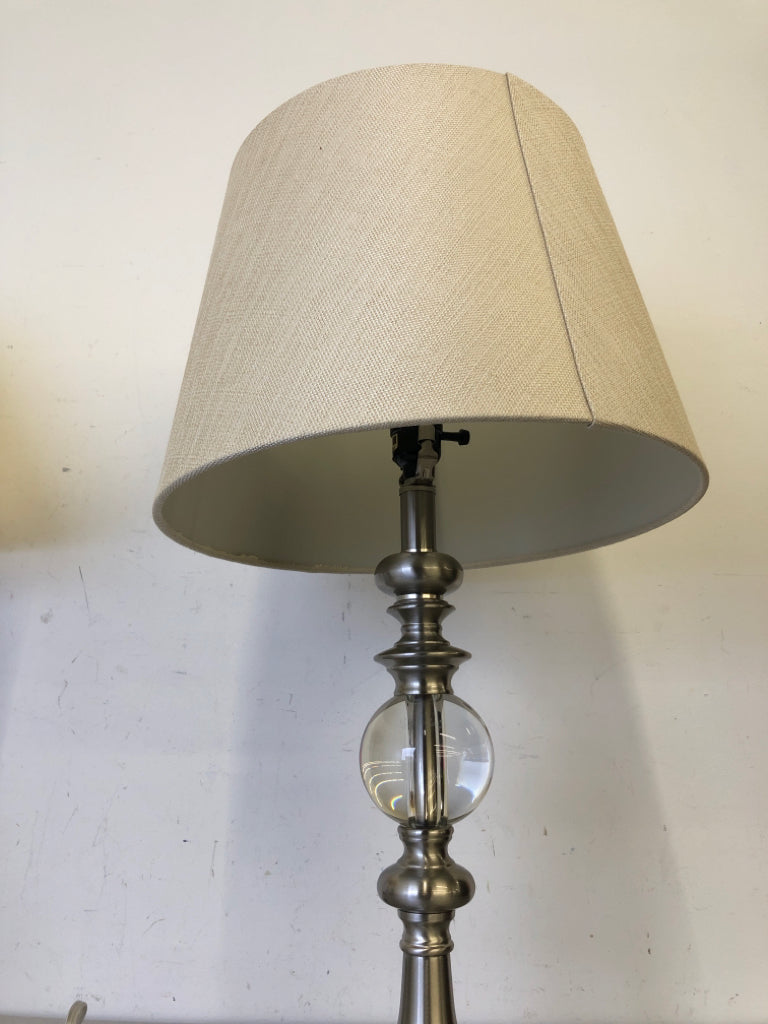SILVER/GLASS BALL TABLE LAMP W/ BEIGE SHADE.