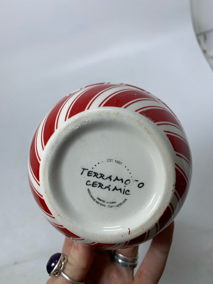 3 NESTING RED WHITE STRIPED BOWLS W/ SNOWFLAKES.