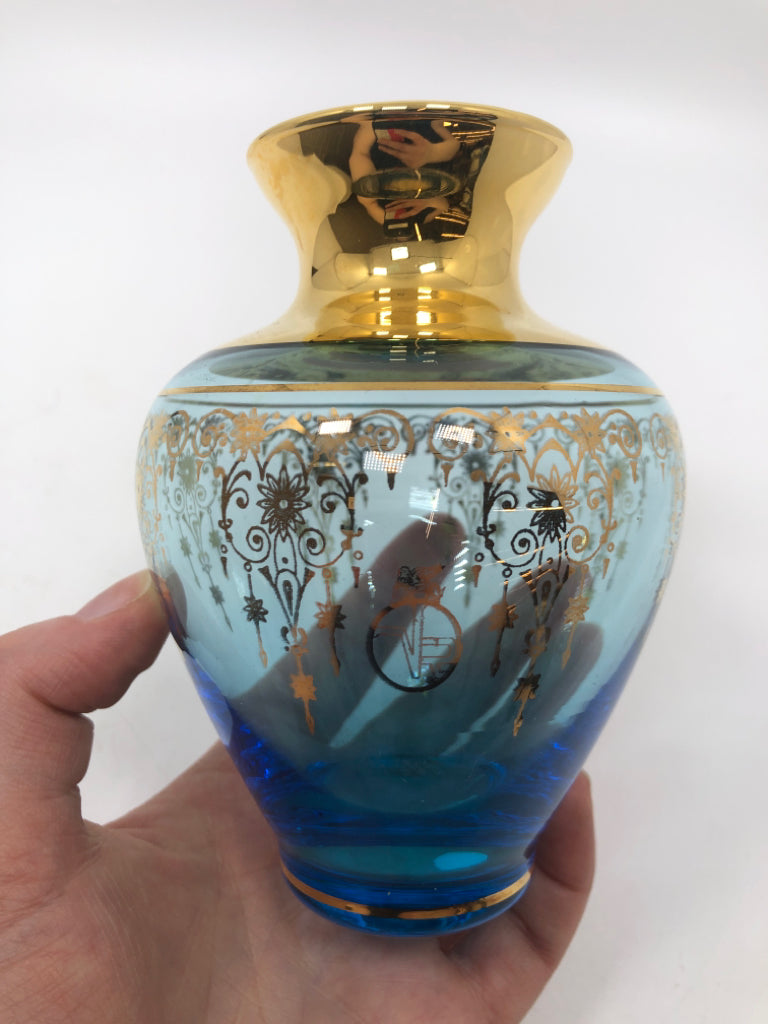 BLUE GLASS VASE W/GOLD GILT OVERLAY.