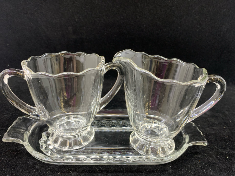 3PC VTG CLEAR SUGAR AND CREAMER W PLATE.