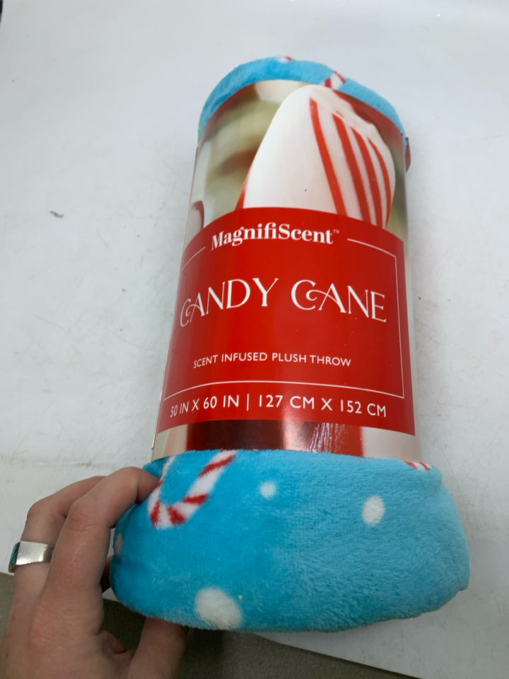 NIP BLUE CANDY CANE PATTERN PLUSH THROW.