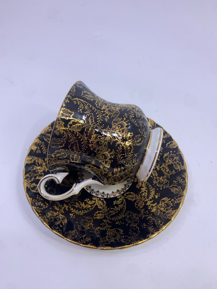 VTG BLACK W/GOLD DESIGN TEA CUP & SAUCER-ELIZABETHAN.