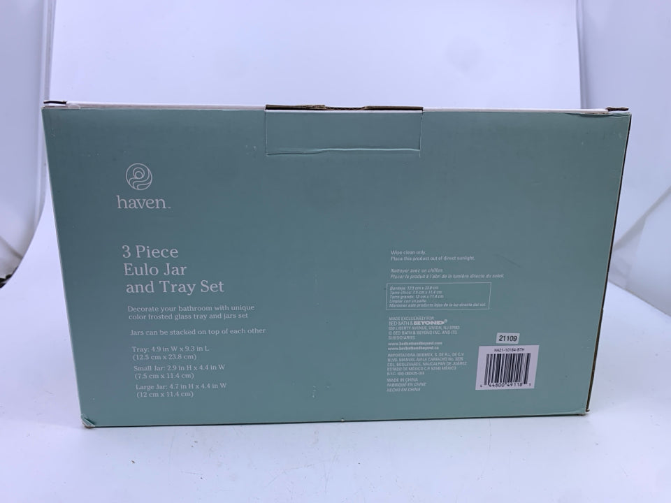 NIB 3PC BLACK FROSTED EULO JAR & TRAY SET.