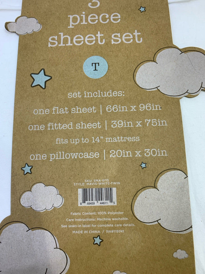 NIP WHITE 3PC TWIN SHEET SET.