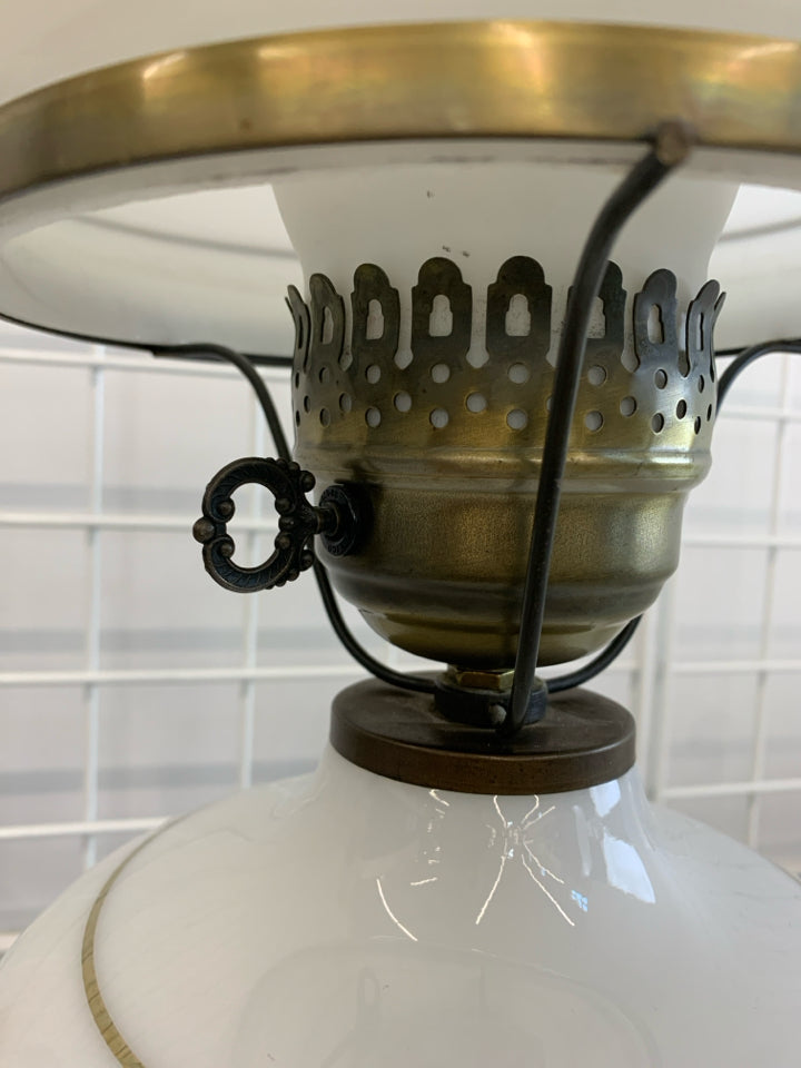 VTG MILK GLASS & ROSE HURRICANE PARLOR LAMP.