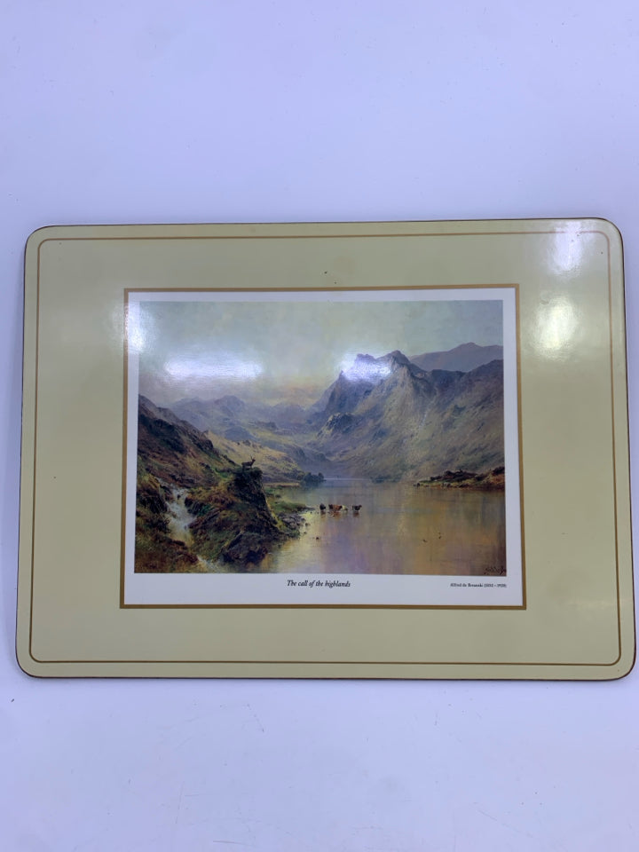 RECTANGLE TRIVET "THE CALL OF HIGHLANDS" MOUNTAIN CORK BACK.