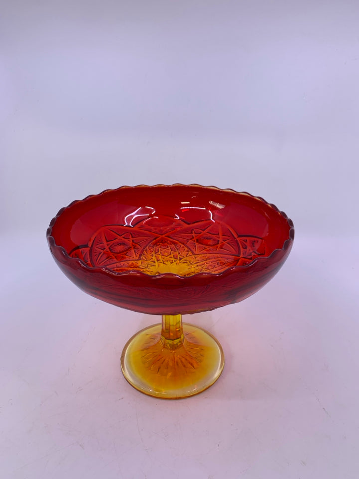 VTG AMBERINA YELLOW/RED GLASS PEDESTAL BOWL DETAILED BOTTOM.