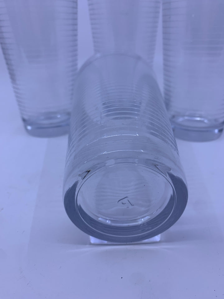 4 RIBBED GLASS WATER GLASSES.
