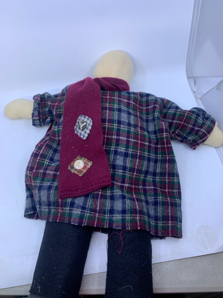 PRIMITIVE STYLE PLUSH SNOWMAN W/ PLAID LONG SHIRT MAROON SCARF.