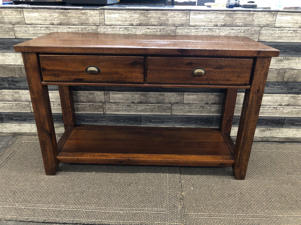 DARK WOOD CONSOLE TABLE W 2 DRAWERS AND BOTTOM SHELF.