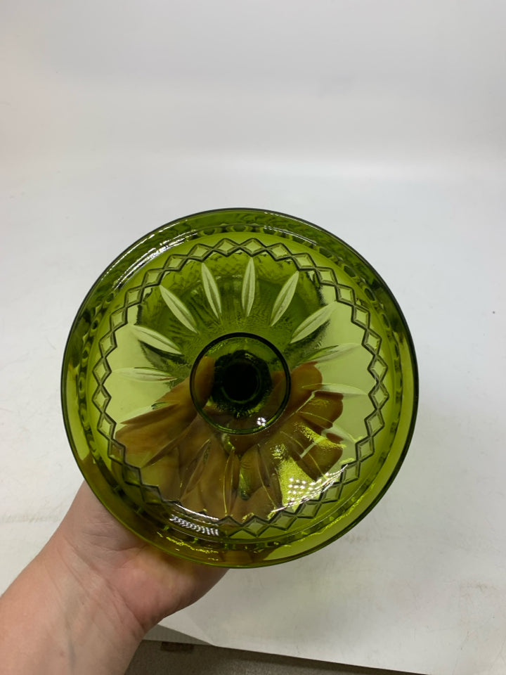 VTG SHORT CIRCLE GLASS TEXTURED CANISTER W/ POINTED HANDLE.