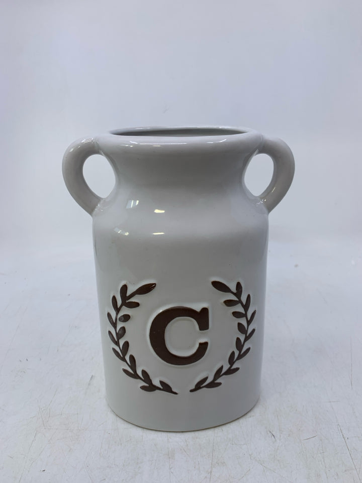 CERAMIC VASE W/ EMBOSSED MONOGRAM C HANDLES.