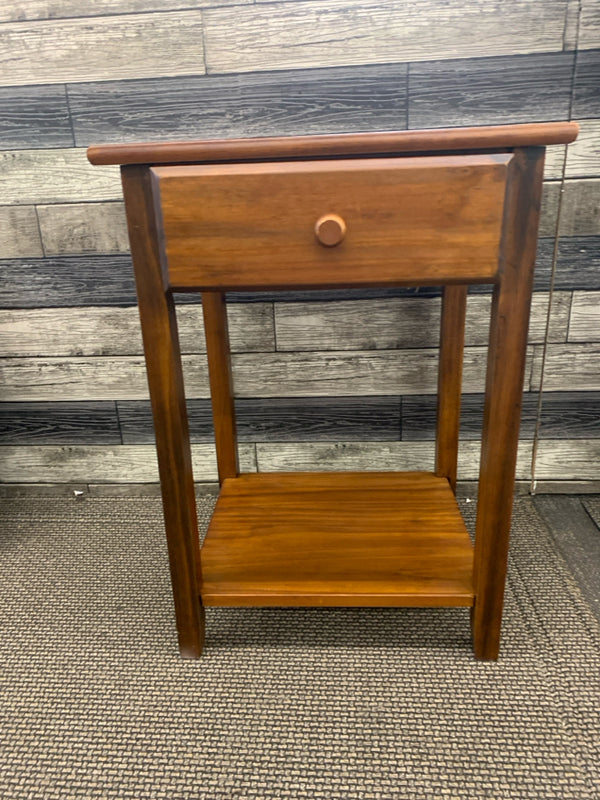 SMALL DARK WOOD SIDE TABLE W/ DRAWER + POWER PORTS.
