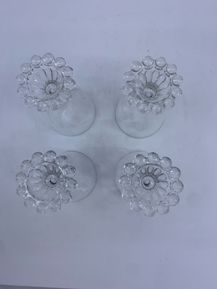 4 VTG GLASS BEAD BOTTOM FOOTED GLASSES.