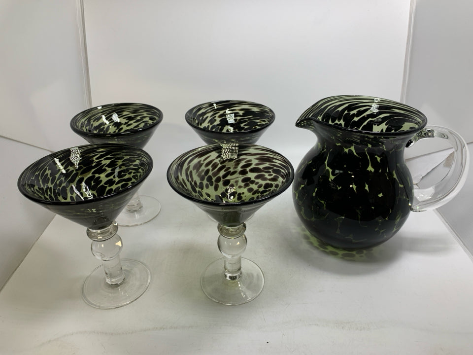 5 PC GREEN SPECKLED 4 MARTINI GLASSES & PITCHER.