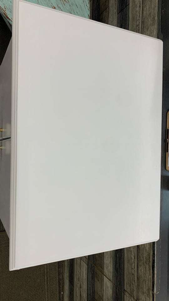 WHITE STORAGE JEWELRY ARMOIRE W/GREEN VELVET INTERIOR.