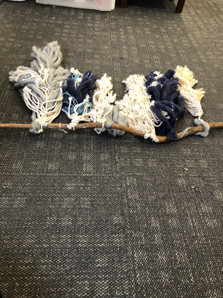 STICK WALL ART-MACRAME GREY+BLUE BRAIDED.