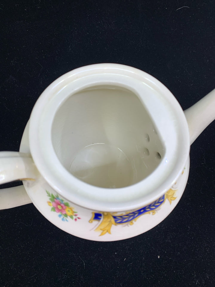KENSINGTON ENGLAND TEAPOT= CREAM W/GOLD TRIM AND FLOWERS.