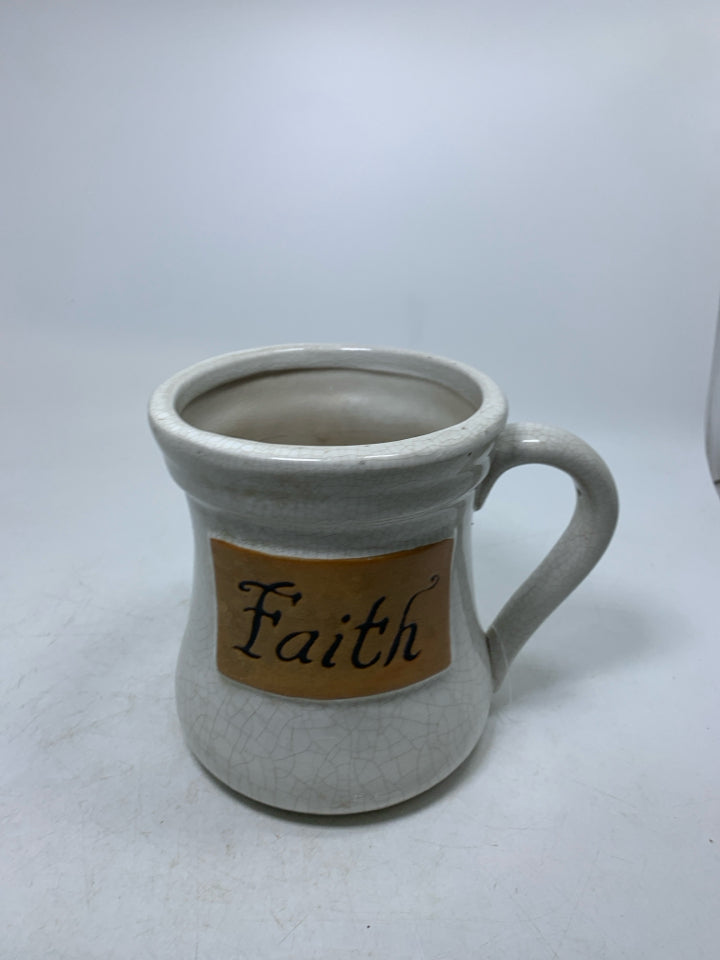 CRACKLE "FAITH" CROCK W/ HANDLE.
