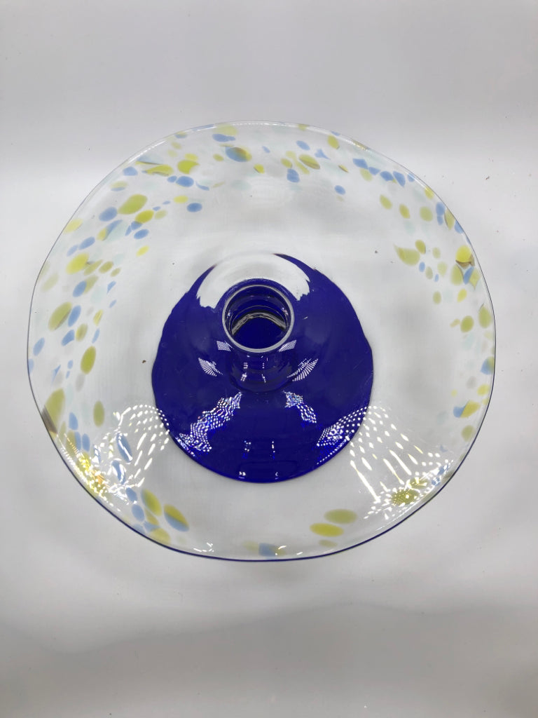 GLASS CAKE STAND W/ COBALT BLUE BASE.